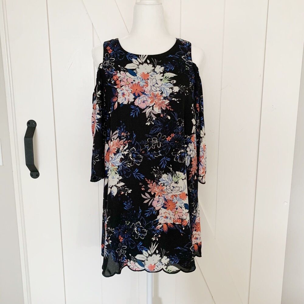 Lily Rose Floral Cold Shoulder Chiffon Loose Fit Shift Dress Size Small